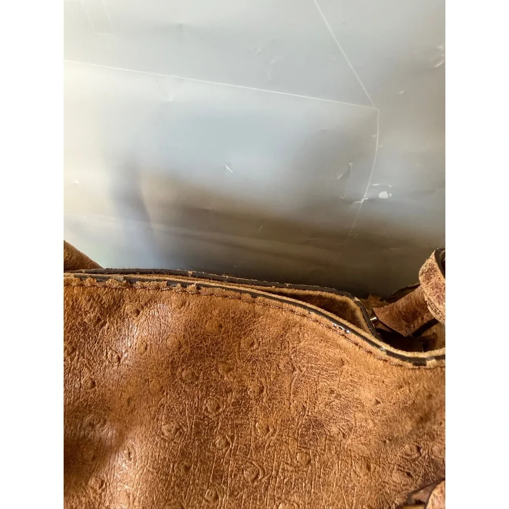 Michael Kors Hamilton Ostrich Embossed Leather Satchel Brown Gold Link Strap